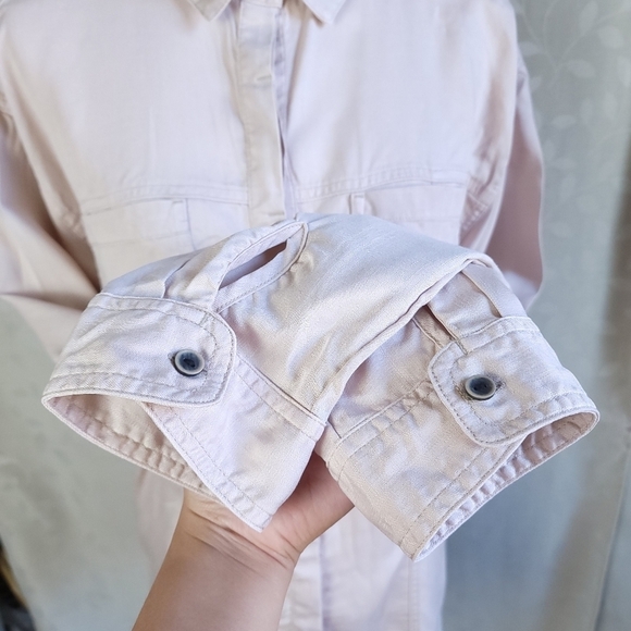 Prana Alda Relaxed Fit Button Down Roll Tab Slub Denim Top Dovetail Beige Large - Picture 9 of 16